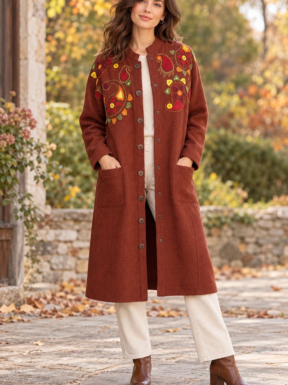 Embroidered Rust Long Trench Coat